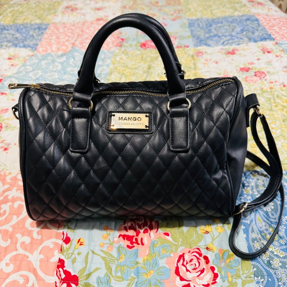 Mango Quilted Black Faux Leather Satchel Handbag Gold Hardware Crossbody Strap